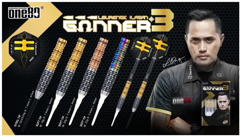 One80 L.Ilagan Gunner III Steeldart 22-23-24g Schwarz-Gold One80 L.Ilagan Gunner III Steeldart 22-23-24g Schwarz-Gold
